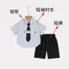 Blue Stripe Short Sleeve Black Shorts Black Tie