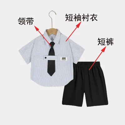 Kids Boys Spring Summer Fashion Casual Stripe Short-Sleeve Shirt Loose Shorts Tie Three-Piece Set