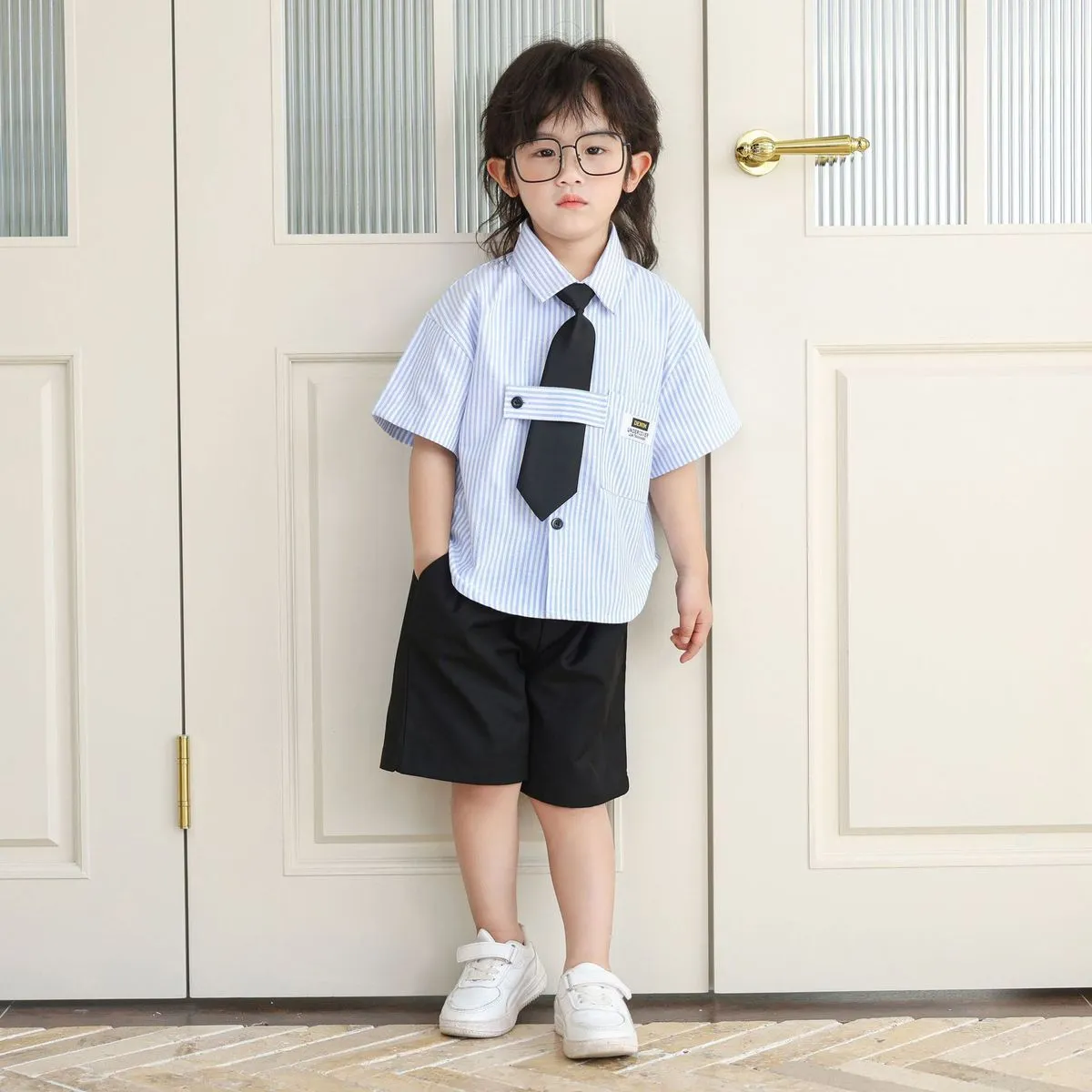 Kids Boys Spring Summer Fashion Casual Stripe Short-Sleeve Shirt Loose Shorts Tie Three-Piece Set