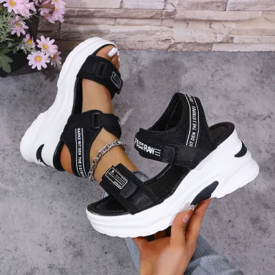 Women Fashion Casual Velcro-Strapped Wedge Sandals Cloth Upper Rubber Sole Round Toe
