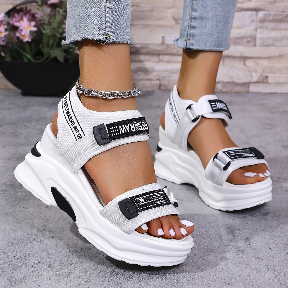 Women Fashion Casual Velcro-Strapped Wedge Sandals Cloth Upper Rubber Sole Round Toe
