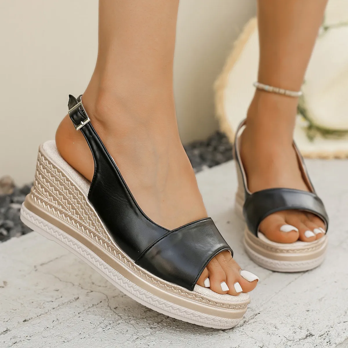 Women Fashion Casual Peep-Toe Wedge Thick-Soled Roman Sandals