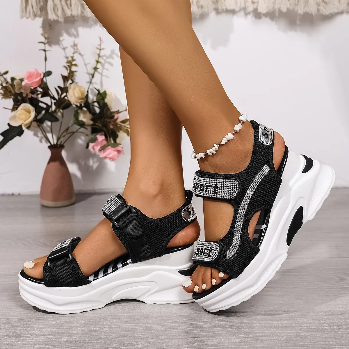 Women Fashion Casual Rhinestone Velcro Wedge Sandals