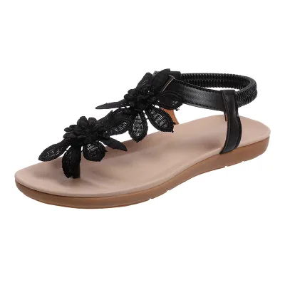 Women's Boho Solid Color Lace Flower Flat Sandals Plus Size