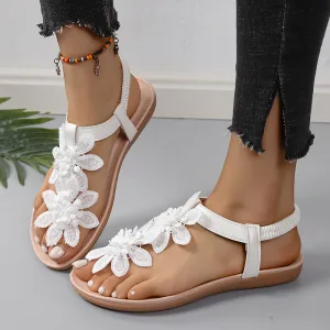Women's Boho Solid Color Lace Flower Flat Sandals Plus Size