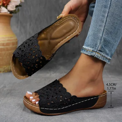 Women Fashion Casual Solid Color Lace Hollow Peep-Toe Platform Slippers