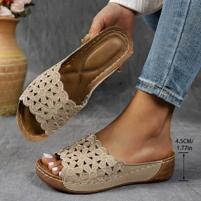 Women Fashion Casual Solid Color Lace Hollow Peep-Toe Platform Slippers