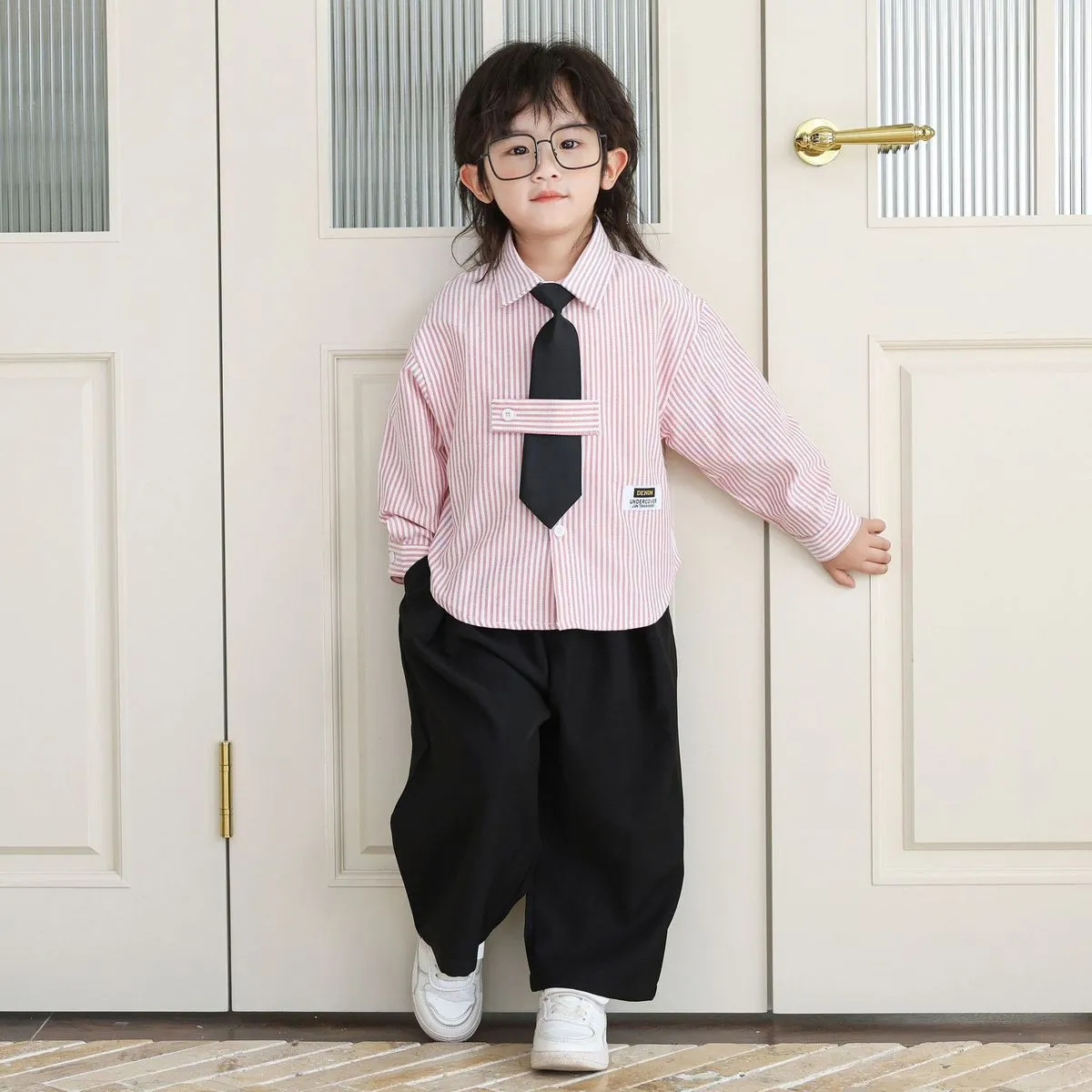 Kids Boys Spring Summer Fashion Casual Stripe Short Sleeve Shirt Loose Pants Tie Three-Piece Set