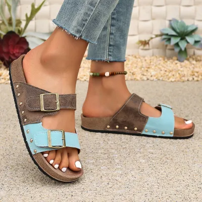 Women Fashion Casual Color Block Double-Breasted Round-Toe Platform Slippers