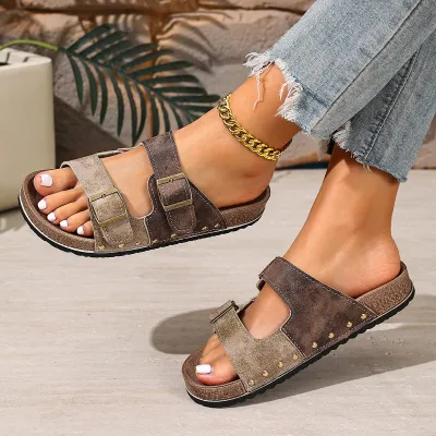 Women Fashion Casual Color Block Double-Breasted Round-Toe Platform Slippers