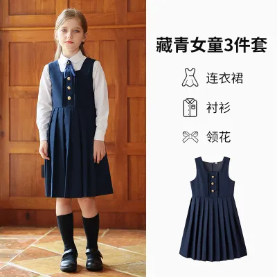 Kids Girls Spring Autumn British Style Long-Sleeve Shirt Sleeveless Pleated Dress Tie Academy Three-Piece Set