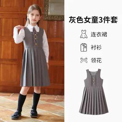 Kids Girls Spring Autumn British Style Long-Sleeve Shirt Sleeveless Pleated Dress Tie Academy Three-Piece Set