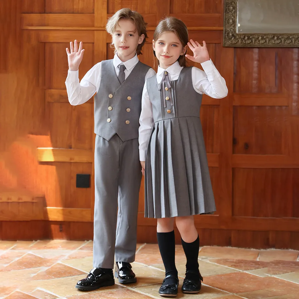 Kids Girls Spring Autumn British Style Long-Sleeve Shirt Sleeveless Pleated Dress Tie Academy Three-Piece Set