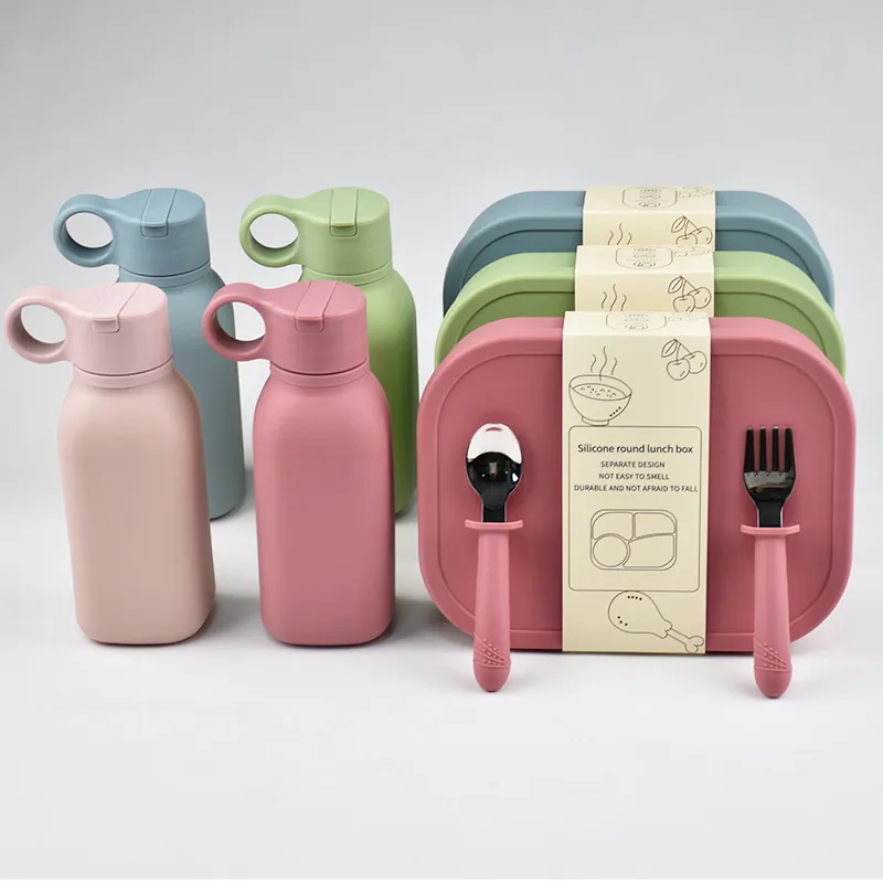 Fresh-Keeping Box Sports Water Cup Silicone Lunch Box Set Microwave Safe Single Layer Rectangle Solid Color Food Storage Container