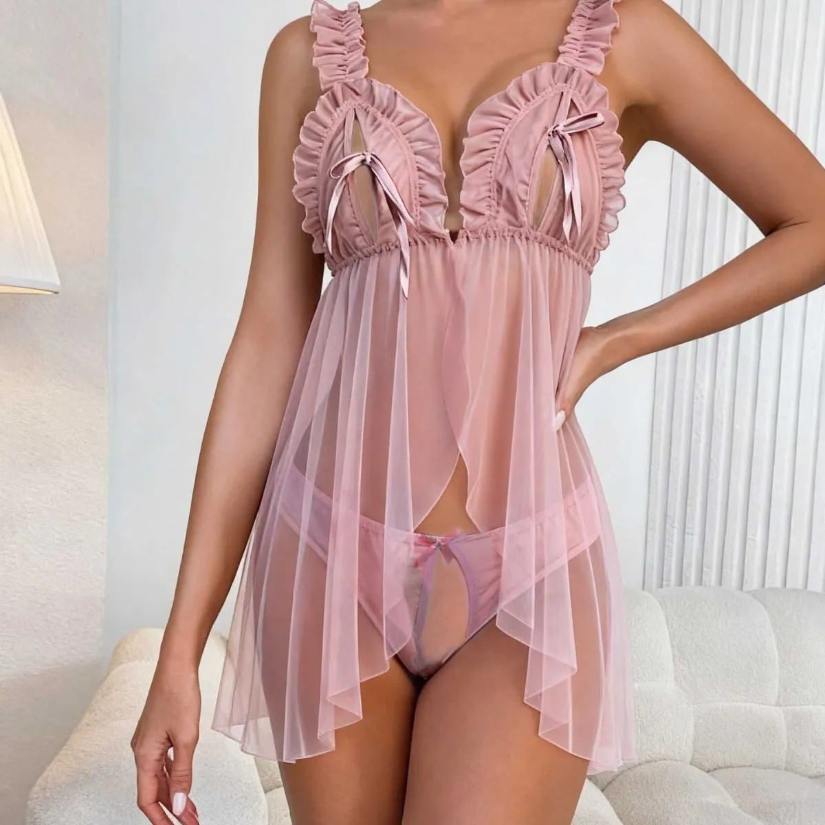 Women Sexy Solid Color Perspective Mesh Strap Sexy Underwear Set