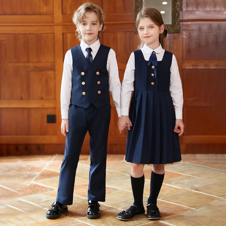 Kids Boys Spring and Autumn British Academy Long-Sleeve Shirt Vest Slim-Fit Pants Tie Four-Piece Set
