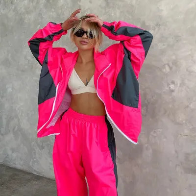 Women Fashion Casual Color Block Long-Sleeve Coat Loose Wide-Leg Pants Two-Piece Set