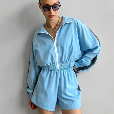 Women Fashion Casual Contrast Color Long Sleeve Zipper Cardigan Loose Shorts Two-Piece Set