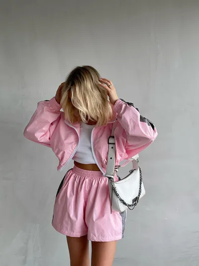 Women Fashion Casual Contrast Color Long Sleeve Zipper Cardigan Loose Shorts Two-Piece Set