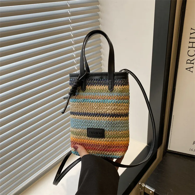 Women Fashion Casual Contrast Color Woven Small Bucket Crossbody Bag with Adjustable Strap