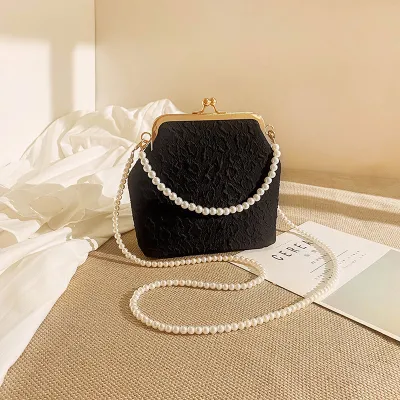 Women Fashion Elegant Jacquard Pearl Chain Crossbody Bag Mini