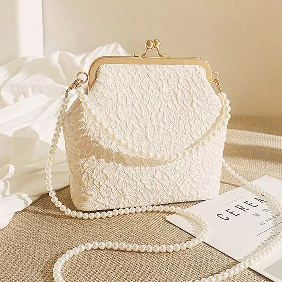 Women Fashion Elegant Jacquard Pearl Chain Crossbody Bag Mini