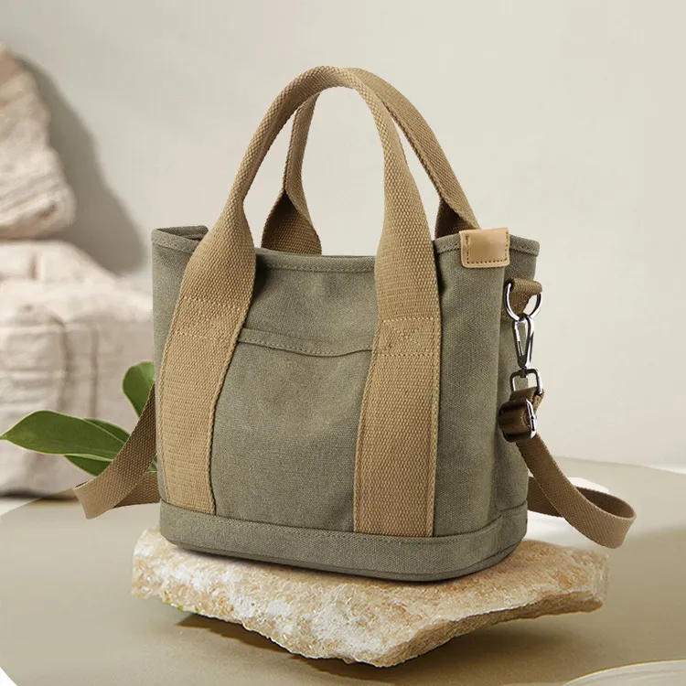 Women Fashion Casual Simple Solid Color Large Capacity Portable Canvas Tote Handbag with Zipper
