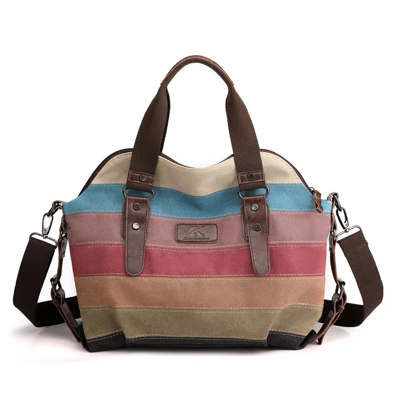 Women Fashion Retro Color Block Canvas Large Capacity Handbag