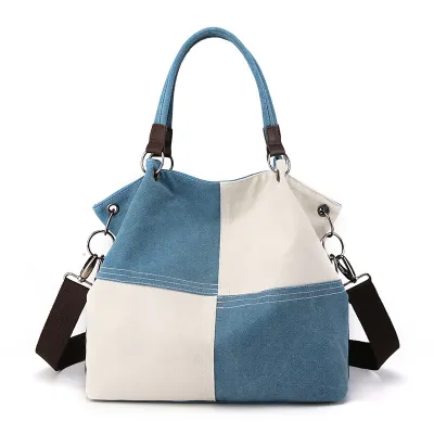Women Fashion Casual Stitching Color Canvas Portable Handbag