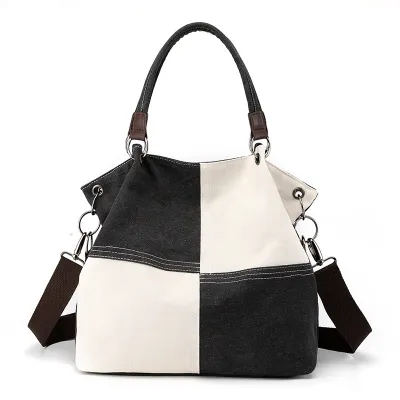 Women Fashion Casual Stitching Color Canvas Portable Handbag