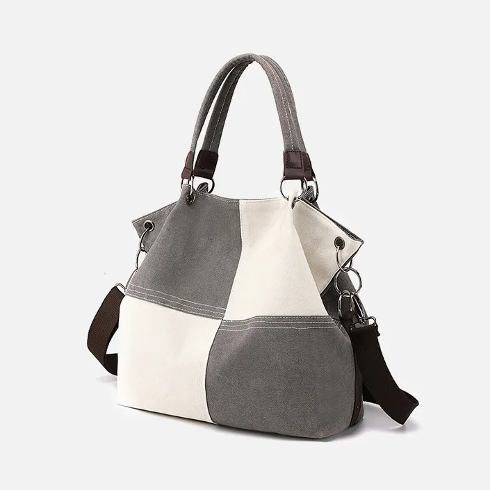 Women Fashion Casual Stitching Color Canvas Portable Handbag