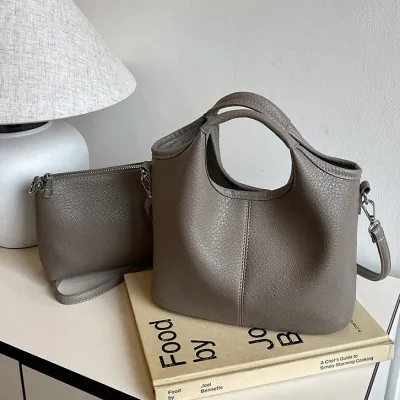 Women Fashion Simple Retro Solid Color Soft PU Leather Bucket Handbag