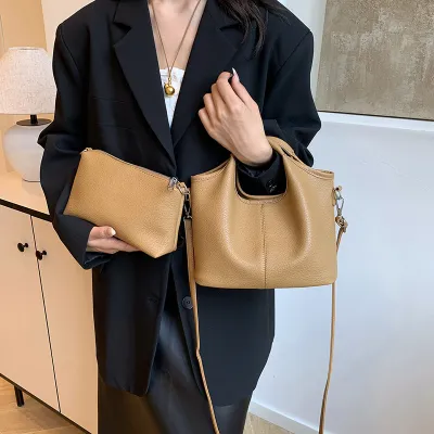 Women Fashion Simple Retro Solid Color Soft PU Leather Bucket Handbag