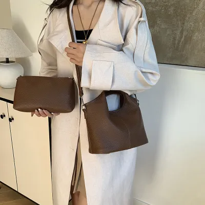 Women Fashion Simple Retro Solid Color Soft PU Leather Bucket Handbag