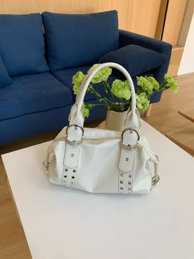 Women Fashion Casual Solid Color Rivet Portable Large Capacity Handbag PU Motorcycle Bag
