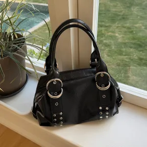 Women Fashion Casual Solid Color Rivet Portable Large Capacity Handbag PU Motorcycle Bag