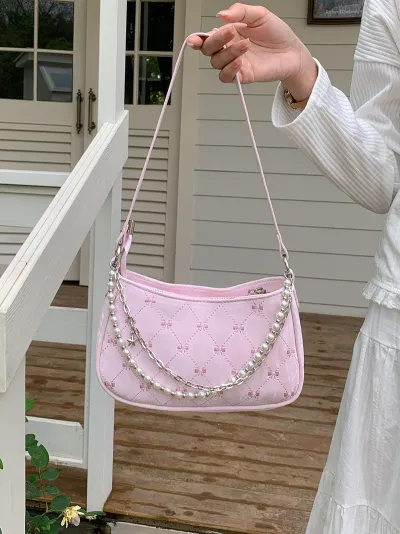 Women Fashion Bowknot Pearl Metal Chain Rhombic Shoulder Bag