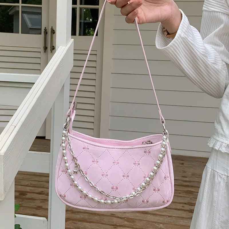 Women Fashion Bowknot Pearl Metal Chain Rhombic Shoulder Bag