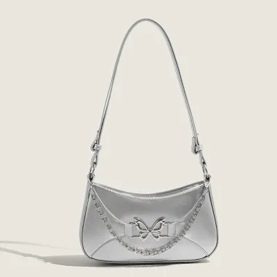 Women Fashion Casual Butterfly Clasp Chain PU Shoulder Bags Zipper 14x25x6cm Horizontal Rectangular