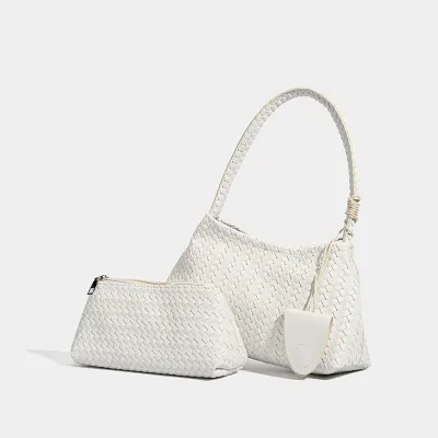 Women Fashion Casual Solid Color Woven Synthetic Leather Shoulder Bag with Magnetic Button
