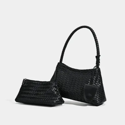 Women Fashion Casual Solid Color Woven Synthetic Leather Shoulder Bag with Magnetic Button