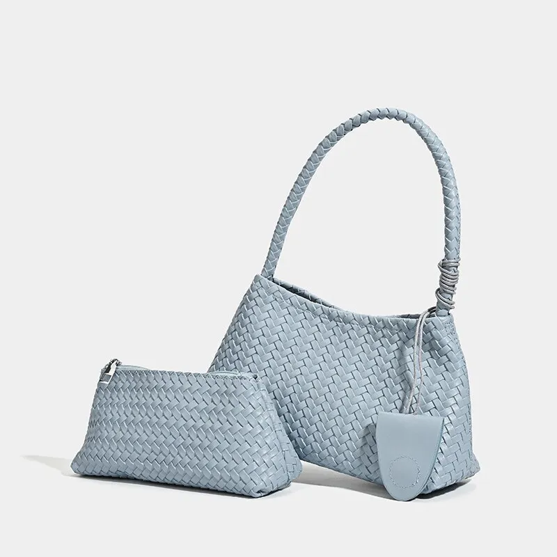 Women Fashion Casual Solid Color Woven Synthetic Leather Shoulder Bag with Magnetic Button