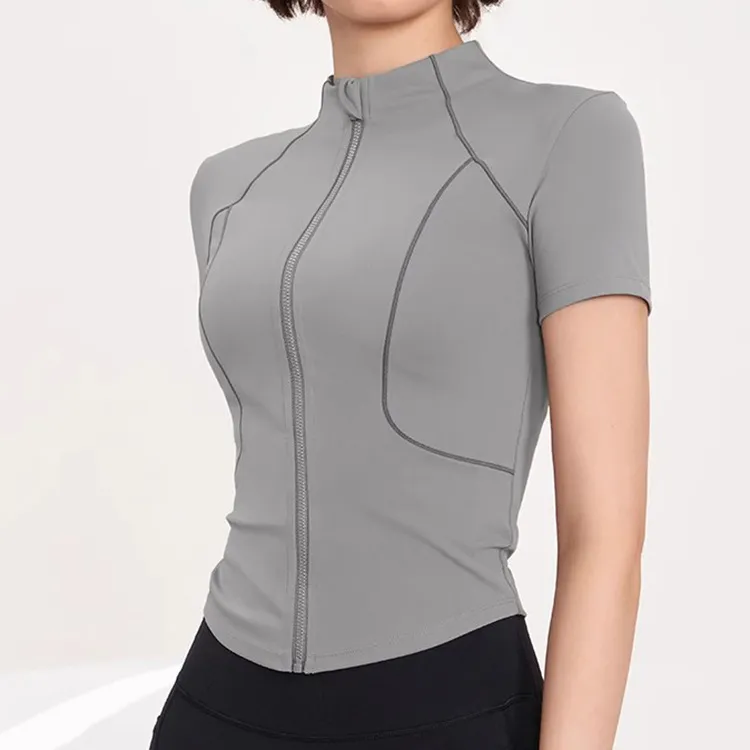 Women Fashion Casual Solid Color Short-Sleeve Zipper Sports Yoga T-Shirt