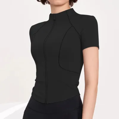 Women Fashion Casual Solid Color Short-Sleeve Zipper Sports Yoga T-Shirt