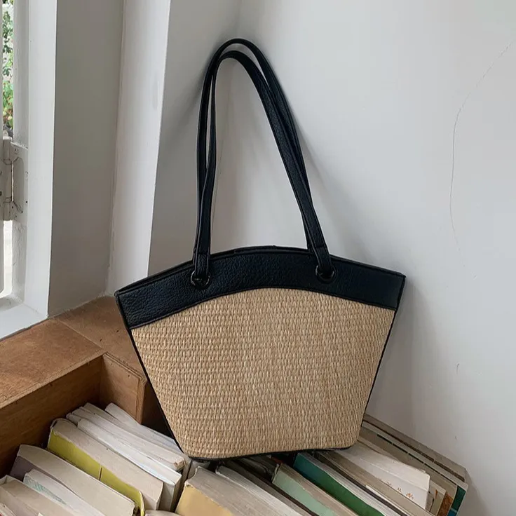 Women Fashion Casual Straw Woven Beach Shoulder Bag PU Bucket Bag