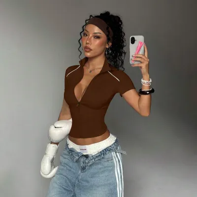 Women Fashion Casual Vertical Collar Zipper Short Sleeve Quick-Drying Yoga Sports Jacket