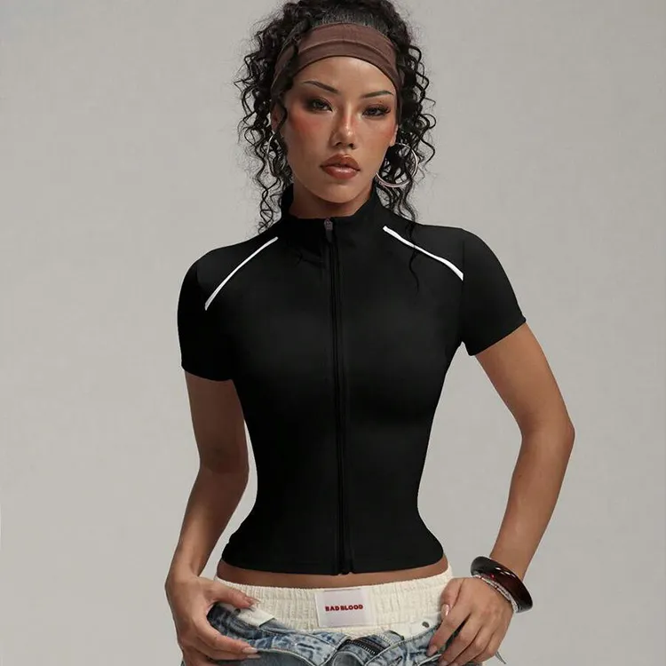 Women Fashion Casual Vertical Collar Zipper Short Sleeve Quick-Drying Yoga Sports Jacket