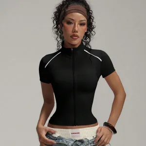Women Fashion Casual Vertical Collar Zipper Short Sleeve Quick-Drying Yoga Sports Jacket