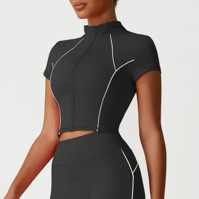 Women Fashion Casual Summer Short-Sleeve Zipper Sports Yoga Slim-Fit Jacket