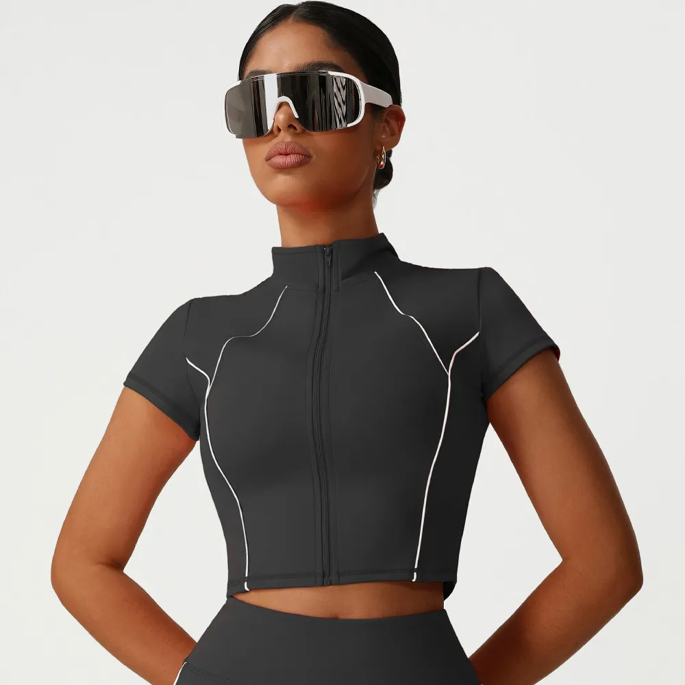 Women Fashion Casual Summer Short-Sleeve Zipper Sports Yoga Slim-Fit Jacket